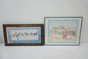 Embroidered Bird Framed Wall Art Golden Bee Birds on a Line Vintage Framed Print Girl with Geese by Eugene Laforet