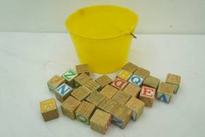 Vintage Wooden Letter Blocks and Yellow Bucket