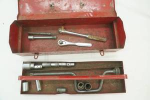 Vintage Red Metal Tool Box and Contents
