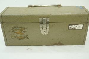 Vintage Metal Tool Box and Contents. Screwdrivers, Speed Wrench, Sharpening Stone