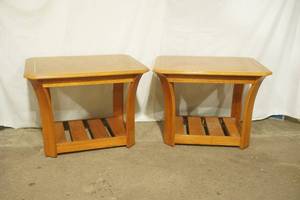 Pair of Oak Side Tables 27x21x20. Gold-Tone inlay details