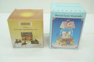 Vintage Easter Music Box Egg Figurine, Vintage Lighted Fall Village House and Figurines