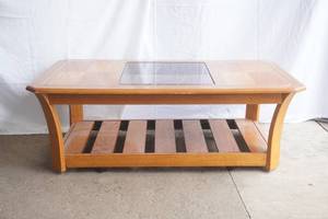 Oak Coffee Table 2745x16. Gold-Tone & Glass inlay details. (on wheels)