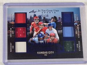6X Relic  Patrick Mahomes, Joe Montana, Bo Jackson, George Brett, Bret Saberhagen, Jan Stenerud 2023 Leaf In The Game Used Sports Relic Numbered 2230 - Kansas City Sports Card
