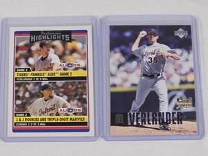 Lot of 2 Justin Verlander Baseball Cards Featuring Topps Postseason Highlights and Upper Deck Rookie Cards