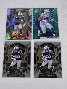 Lot of 4 Jonathan Taylor Rookie Football Cards featuring Panini Select and Mosaic, including Silver Holo.