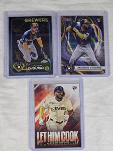 Lot of 3 Jackson Chourio Rookie Baseball Cards with Notable Features including Topps Chrome and Let Him Cook Card - Milwaukee Brewers.