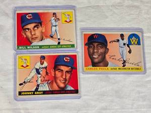 Lot of 3 Vintage Baseball Cards Featuring Bill Wilson, Johnny Gray, and Carlos Paula - Kansas City Athletics and Washington Nationals 1955 Topps.