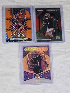 Lot of 3 JaMarr Chase Football Cards Including Panini Prizm Emergent Refractor and Abracadabra Inserts