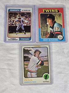 Lot of 3 Minnesota Twins Vintage Baseball Cards Featuring Harmon Killebrew, Bert Blyleven, and Tony Oliva.
