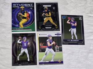 Lot of 5 J.J. McCarthy Football Cards featuring various designs and brands including Panini Prizm Student and Donruss, with Rookie and special features.