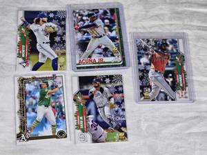 Lot of 5 Baseball Cards featuring players Fernando Tatis Jr., Bo Bichette, Ronald Acu�a Jr., Yordan Alvarez, and Nick Allen with Rookie Cards, Rookie Cup and Holiday Cards