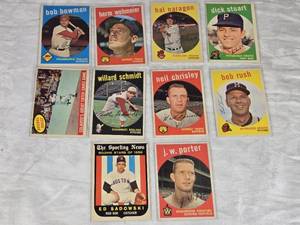 Lot of 9 Vintage 1959 Baseball Cards Featuring Dick Stuart, Bob Rush, and More.