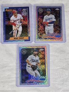 Lot of 3 Baseball Cards Featuring Mike Trout, Mookie Betts, and Clayton Kershaw with Topps Chrome Refractor Mojo Design