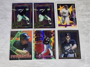 Lot of 6 Frank Thomas Premium Baseball Cards including Powerline and Star Power with Holo and MVP features.