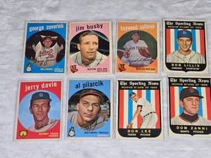 Lot of 7 Vintage 1959 Baseball Cards Featuring George Zuverink, Jim Busby, Haywood Sullivan, Bob Lillis, Jerry Davie, Al Pilarcik, Don Lee, Dom Zanni