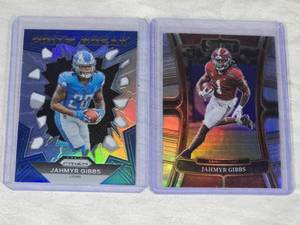Lot of 2 Jahmyr Gibbs Football Cards including Prizm Break and Rookie Select Silver Holo Inserts