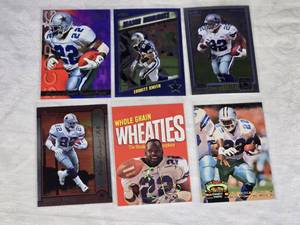 Lot of 6 Emmitt Smith Insert Football Cards featuring Dallas Cowboys, including Scoring Core, Wheaties Promo, and other unique designs.