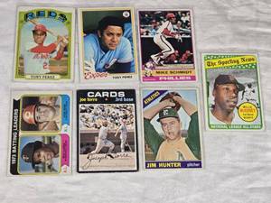 Lot of 7 Vintage Baseball Cards Featuring Rod Carew, Pete Rose, Tony Perez, Joe Torre, Jim Hunter, Mike Schmidt, and Willie McCovey.
