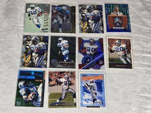 Lot of 11 Barry Sanders Nice Inserts featuring Pacific Crown Royale, Action Packed, Fleer Ultra, and more with special features like holo and Hall of Fame cards.