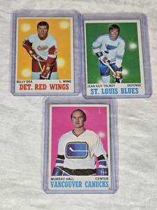 Lot of 3 Vintage Hockey Cards Featuring Billy Dea, Jean Guy Talbot, and Murray Hall.