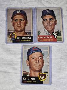 Lot of 3 Vintage 1953 Topps Baseball Cards Featuring Del Crandall, Bob Keegan, and Toby Atwell from 1954 Topps Series.