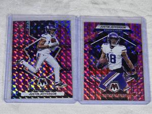 Lot of 2 Justin Jefferson Football Cards with Pink Mosaic Prizm and National Pride Features