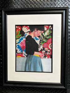 Framed Painting Woman in Dark Dress with Floral Background - Beaded Border Frame