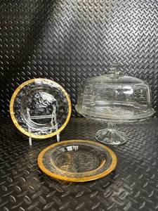 Clear Glass Cake Stand with Dome Lid - Gold Rim (Lot of 3)