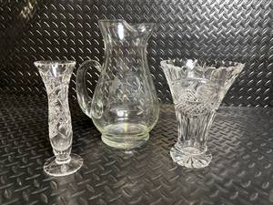 Crystal Glassware Pitcher with Etched Floral Motif and Cut-Glass Pieces (Lot of 3)