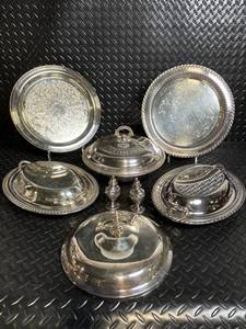 Assorted Silver Plate Serving Pieces - 2 Large Engraved Trays with Lidded Dishes & Small Lidded