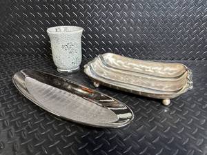Hammered Silver-Plate Vase with Glass Insert & Matching Trays (Lot of 3)