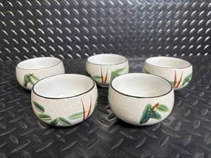 Six Ceramic Bowls with Bamboo Motif Crackle Glaze
