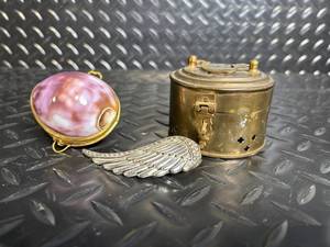 Vintage Pink Cameo Locket - Angel Wing Brooch - Brass Cylindrical Case (Lot of 3)