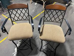 Pair of Black Metal Dining Chairs with Diamond Lattice Back and Wood Top Rails