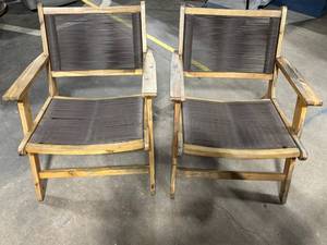 Pair of Vintage Wood-Framed Lounge Chairs with Woven Cord Seats