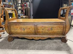 Vintage Wooden Sleigh Bed with Hand-Painted Floral Panels and Carved Details