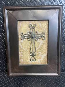 Framed Wrought Iron Cross Wall Art Panel with Damask Background