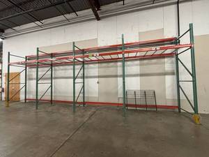 Industrial Pallet Rack System - Green Uprights, Red Beams & Wire Decking