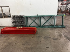 Industrial Pallet Rack System - Green Uprights, Red Beams & Wire Decking (Racking will be disassembled for pick up)