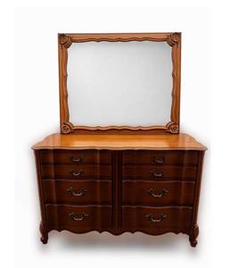 Vintage White Furniture Company Vanity Dresser with Mirror - 6-Drawer Wood Cabinet, Ornate Carved Frame