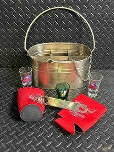Galvanized Beer Caddy with opener Planet Hollywood Shot Glasses 1996 Atlanta Olympics Shot Glasses MLB All Star Game Can Coozies
