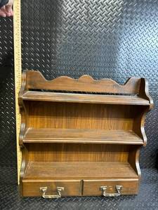 Vintage Wooden Wall Shelf with Scalloped Crest and Two Drawers