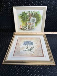 Artwork Framed Botanical Print - Garden Scene with Wicker Chair and Ferns by David Solomon and Hydrangea Framed Print