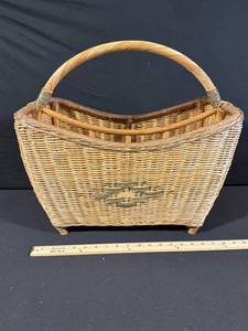 Vintage Woven Wicker Basket with Wrapped Handle and Decorative Diamond Weave Pattern