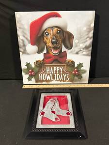 Happy Howlidays Dachshund Christmas Framed Sign and  Boston Red Sox Laser Cut Framed Metal Etching
