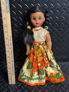 Vintage Mid Century Mexican Ethnic Souvenir Doll with Floral Dress and Beaded Necklace, Braided Hair