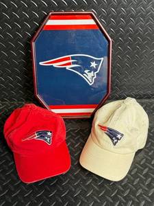 New England Patriots Arm Chair Clamp TV Tray with Team Logo Two New England Patriots Ball Caps