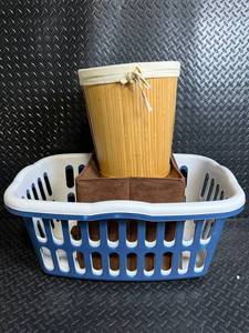 Bamboo Cylinder Trashcan Laundry Baskets (Lot of 2) and a Fabric Storage Cube