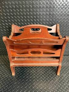 Vintage Butler Mahogany Media Magazine Rack, Carrying Handle Decorative Cutouts